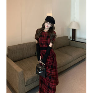 French Elegant Christmas New Year Red Plaid Sleeve Covers Short Top Women Irregular A-Line Mini Skirt Fashionable plus Size