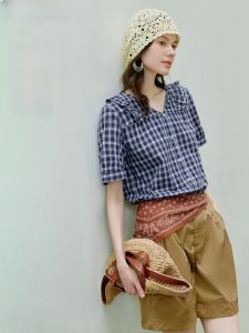 INMAN | Vintage Lace V-Neck Checkered Summer Blouse