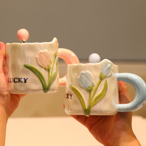 ทิวลิปแก้วเซรามิคบ้านสร้างสรรค์อาหารเช้าคู่กาแฟถ้วยน้ำผู้หญิงรุ่นใหม่ 2023 คุณค่าความงามสูงภาพวาดแฮนด์เมด