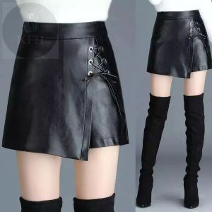 Rok Celana | Rokcel | Celana Pendek Wanita / Rok Celana / Celana Rok Model Rok Mini Kulit Semi Model Girlband Korea Split Paha Kiri Tali Zigzag Bahan Kulit Sintetis