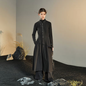 Original Design Chinese-style Waist-High Stand-Collar Structured Black Shirt Dress