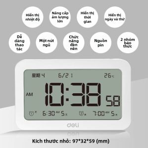 deli | Đồng Hồ Điện Tử Hiển Thị Nhiệt Độ & Độ Ẩm Có Đèn Đêm Im Lặng