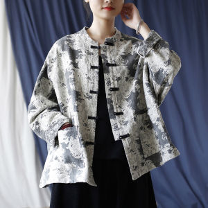 Handmade Cotton Linen Short Outerwear Womens Loose Printed Jacket Vintage Chinese Style Stand Collar Button up Autumn Coat