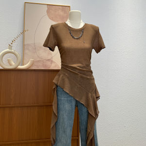 Unique Short Sleeve T-Shirt Womens Summer Slim Fit Korean Style Regular Thickness round Neck Unique Design Not Repeating