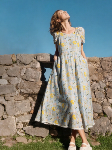 INMAN | Floral Print Waist-accentuated Lace and Puff Sleeves Dress