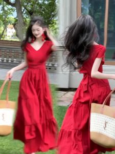 BEIHUASHA | Đầm Đỏ Elegent Độc Đáo Cao Waisted Dài