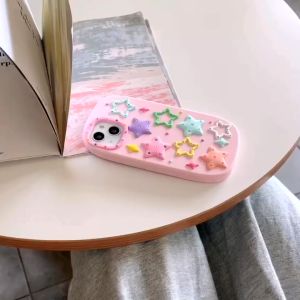 3D ที่มีสีสันรูปดาวห้าแฉกสีชมพูซิลิโคนสำหรับ iPhone 15PROMAX 15pro 15 14PROMAX 14pro 14 13PROMAX 13pro 13 12PROMAX 12pro 12 11ปลอกป้องกันการวางปกอ่อน
