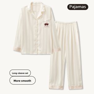 Miiow | Womens Ice Silk Sleepwear Long Sleeve Home Wear Outerwear Spring Autumn Winter Comfortable Loose Fit Luxury Style Cartoon Print