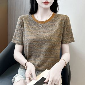 HUAXUNRAN | Fashionable Loose Slimming Short Sleeve T-shirt with Round Neck and Stripe Pattern