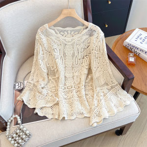 AIYITI | French Beautiful Lace Shirt Women Long Sleeve Hollow Out Summer New Plus Size Fat MM Belly Sunscreen Cover Up Top