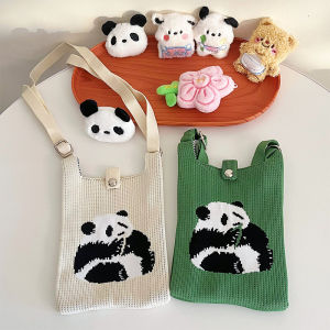 Cute Panda Knitted Crossbody Bag Womens Mini Coin Purse Shoulder Bag Casual Style Soft Polyester Material Magnetic Buckle Closure