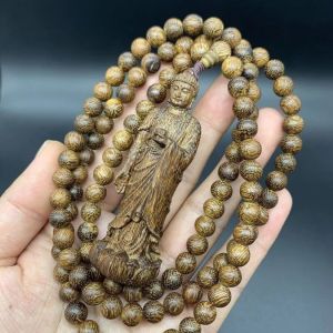 Tarakan Agarwood Three-Dimensional Carving Amitabha Pendant with Beads Halterneck Vairocana Sweater Chain Safe