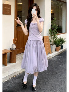 LIRUSHAN | Petite Stylish Summer Purple Short Sleeve Midi Dress