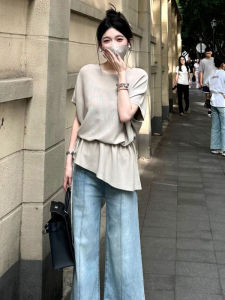 YUEZHONGWEI | French Style Round Neck Ice Silk Short Sleeve Knitted Top Women Summer Slimming Design Half Sleeve Top Waist Cinching Effect