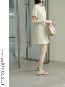 LUXIXIAO Elegant Short Sleeve round Neck Pullover Dress Slimming Waist Design Korean Style H-Line Summer Dress for Women