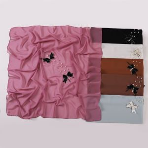 Jifang 90*90cm Women Bow Knot Pearl Beads Plain Bubble Chiffon Square Scarf Muslim Hijab Bawal QT14