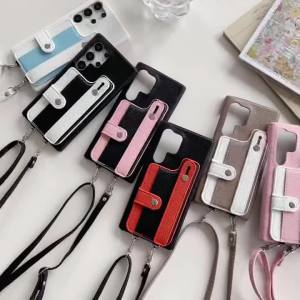 Luxury Leather Lanyard Slot Card Wallet Holder Case For Samsung S24 S25 Ultra Edge S23 FE S22 Plus Note 20 A72 A55 A52 A45 A35
