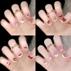 【มีกาว】แผ่นติดเล็บสวมใส่เล็บปลอมหลากสีและหวานจำนวน24ชิ้น