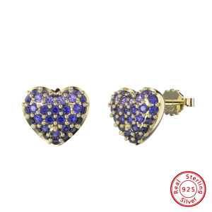 Kemstone S925 Sterling Silver Full 4A Cubic Zirconia Purple Blue Heart Gold Plated Stud Earrings for Womens Gift Jewelry