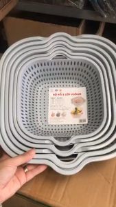 Rổ nhựa chữ nhật kèm chậu 6 món cao cấp Bộ thau rổ nhựa vuông 6 món Việt Nhật