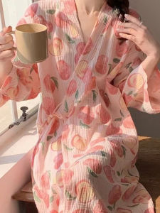 Japanese Style Summer Womens Sleep Robe Cotton Gauze Peach Print Kimono Nightgown Long Sleeve mid Length V Neck Home Wear