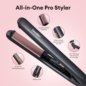 Sonifer Hair Straightener 2-in-1 Curler Ceramic Coating 40M Negative Ions Care Dual PTC 15s Heat Overheat Protection