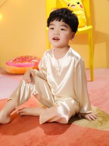 Childrens Summer Ice Silk Thin Long Sleeve Sleepwear Home Clothes Set for Boys And Girls Comfortable Polyester Fiber Clothing
