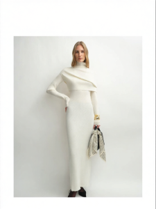 Silk Wool V-Neck Ribbed Slim White Long Dress