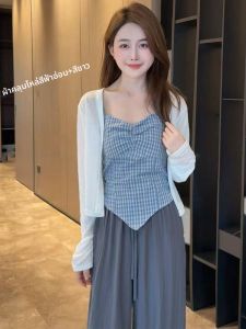 YUEZHONGWEI | เสื้อคาร์ดิแกนไหมน้ำแข็งสีขาวสั้นสำหรับผู้หญิงในช่วงฤดูร้อน เสื้อคลุมกันแดดแบบบาง แขนยาว ปกโปโล คอวี ไม่มีกระดุม