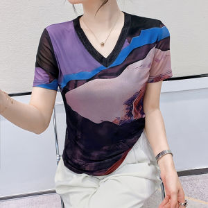 Yimei 2025 Áo thun nữ phong cách retro áo ngoại cỡ co giãn mùa hè ngắn tay mới nhuộm kiểu cột thắt lưới