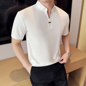 Áo Thun Polo Nam Mùa Hè Mỏng Cổ Chữ V Liền Mạch Bằng Lụa Băng Tay Ngắn Thời Trang Mới Phong Cách Trung Hoa Rộng Rãi Thường Ngày