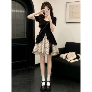 PEIZIXUAN | Polka Dot Faux Two-Piece Black Dress Long Slimming Dress