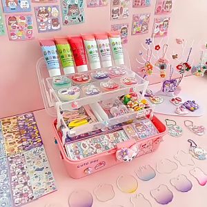 【Mewah】605Pcs DIY Guka Set Gantungan Kunci Akrilik DIY Set Luca Kotak Guka Cream Kartun Stiker Set Mainan Anak Perempuan Hadiah Ulang Tahun