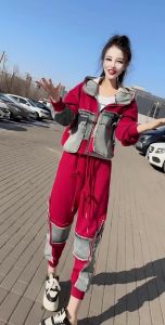 Spring New Fashionable Casual Denim Patchwork Set Womens Hooded Jacket High Waist Sweatpants Two-Piece Suit Long Sleeve Nine-Piece Pants