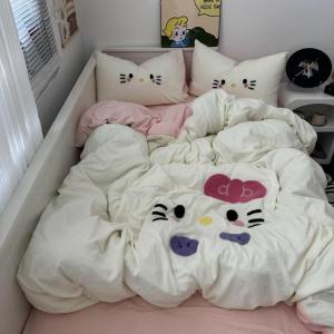 Bộ Chăn Ga Gối Đệm Kiểu Ins Đã Giặt Được Hoạt Hình Không Nguyên Chất Cotton Vải Bông Ba Mảnh Sinh Viên Có Sẵn Tùy Chọn Giường Đôi Đơn Trong Ký Túc Xá