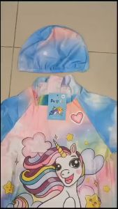 BAJU RENANG ANAK CEWEK TERUSAN PENDEK SET DENGAN TOPI BAHAN TEBAL MOTIF LUCU SWIM SUIT