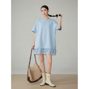 XIAODADEHUA | Design Casual Blue Short Sleeve Wide Off Shoulder Lace Trim Dress