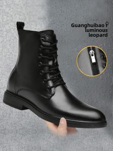 High-Top Mens Business Leather Boots with Side Zipper Warm Fleece Motorcycle Style Casual Cotton Rubber Outsole Boots