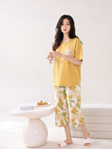 THREEGUN | Pure Cotton Summer Sleepwear Womens Thin Ultra Soft Home Clothes Seven-Foot Shorts Sleeve Sweet Floral Print Sleepwear Set