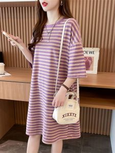 Váy T-shirt Cotton Tay Ngắn Mùa Hè Dáng Rộng Cỡ Lớn Cho Nữ Dài Vừa Phải Họa Tiết Sọc Cổ Tròn Thường Ngày