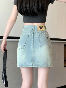 Retro Denim Half Skirt Womens Summer Butterfly Knot Embroidery Design Bodycon A-Line Short Skirt High Waist Slimming Effect