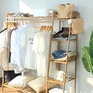 ราวแขวนเสื้ออเนกประสงค์ ตู้เสื้อผ้าไม้ 190CM พร้อมชั้นวางของ เเข็งเเรง ทนน้ำหนัก 200kg จัดเก็บห้องให้เป็นระเบียบ ถประกอบเองได้ง่ายๆ ราวแขวนเสื้ออ ไม้ไผ่คุณภา COD