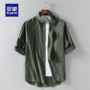 ROMON | Lomond Mens Linen Shirt Ice Silk Thin Summer Seven-Quarter Short Sleeve Casual Stand Collar Loose Iron-Free Shirt Jacket