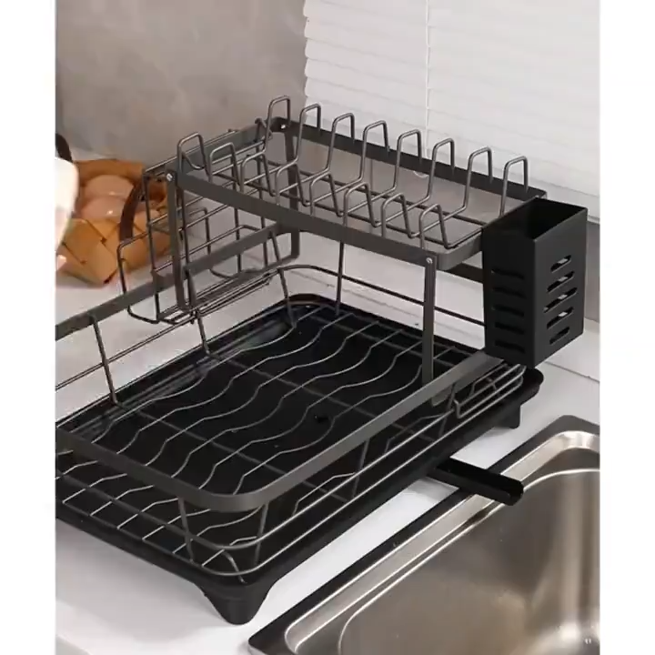 Kệ Để Chén Bát Đĩa Khung Thép Carbon Kệ Để Đồ Nhà Bếp 2 Tầng Có Khay Hứng Nước Kệ Để Chén Bát Đĩa Thép Carbon Kệ Để Đồ Nhà BếP 2 Tầng