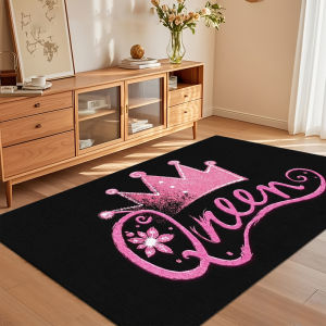 Non-Slip Carpet Pink Queen Crown Area Rug Washable Carpets for Living Room Bedroom Black Background Durable Floor Mat Home Rugs