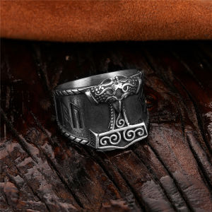 Vintage Vikings Norse Runes Thors Hammer Rings Mens Antique Steel Odins Crow Mjolnir Talisman Scandinavian Jewelry Male Gifts