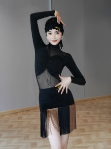 conny | Latin Dance Wear Set Mesh Long Sleeve Top Fringed Skirt