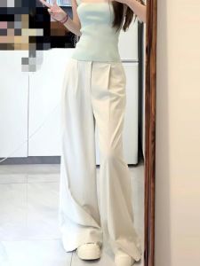 กางเกงสูททรงหลวมเอวสูงสไตล์ลำลองสำหรับผู้หญิง กางเกงขายาวทรงหลวมพิเศษสำหรับฤดูใบไม้ร่วง ผลิตจากผ้าคอตตอนผสมลินิน