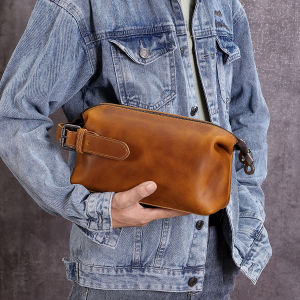 Vintage Leather Mens Clutch Bag Genuine Wash Bag Handheld Makeup Bag Large Capacity Storage for Middle-Aged Casual
