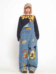 Loose Fit Denim Overalls for Women with Embroidery American Fun Dog Cartoon Design Three Bears Brand Autumn Seasonal Wear